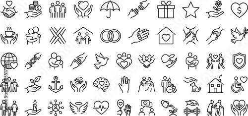 Charity care support line icon set, community help love trust donation volunteering, social responsibility outline symbols collection