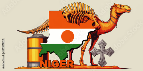 Niger map with national flag, camel skeleton, oil barrel and Tuareg cross illustration, African desert culture and resources concept
