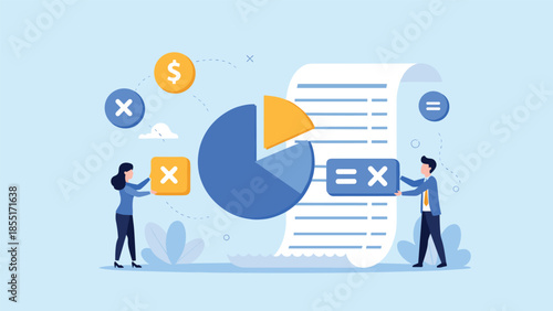 Flat illustration of two people analyzing a pie chart and a bill, representing budgeting, accounting, and financial planning.