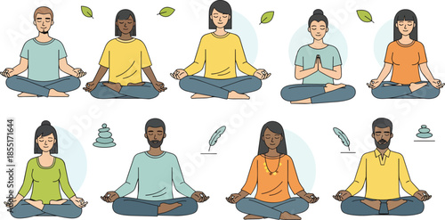 Diverse group of people meditating in lotus position with leaves and feathers around them.