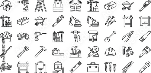 construction, tools, equipment, safety, icons, vector, industrial, building, repair, gear, site, worker, hardware, utility, engineering