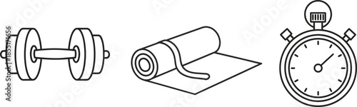 Illustration shows a fitness workout scene with dumbbell, yoga mat, and stopwatch.