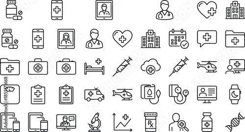 healthcare, medical, hospital, doctor, nurse, patient, emergency, medicine, data, care, icon, vector, outline, tablet, stethoscope