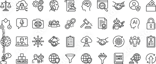 Ethical AI governance line icon set, trust compliance security law responsibility transparency, artificial intelligence outline symbols collection
