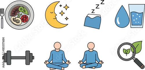 People meditate near healthy food and fitness equipment at night for wellness hasil akhir 65.