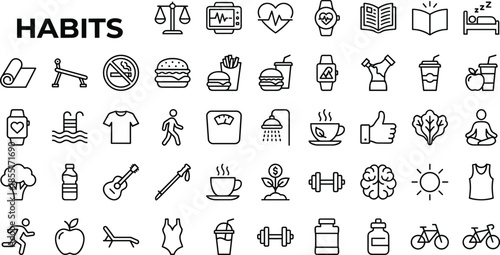 Healthy habits line icon set, wellness lifestyle symbols, fitness nutrition sleep routine, self care outline vector collection