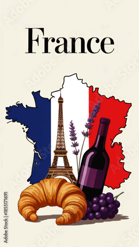 France travel illustration with Eiffel Tower map flag, croissant, wine bottle, grapes and lavender icons of French culture