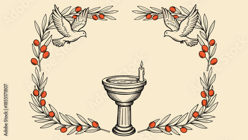 Vintage hand-drawn illustration for a baptism or christening, featuring a baptismal font framed by doves and olive branches.