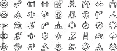Teamwork collaboration leadership line icon set, community partnership trust support growth strategy, business social connection outline symbols