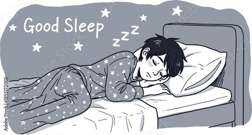 A person sleeps peacefully on a bed with a pillow, surrounded by stars and good sleep.