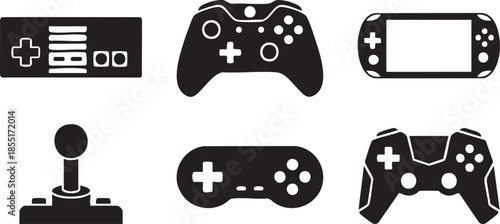 Collection of six black game controllers and joysticks on white background console retro
