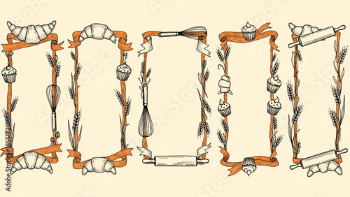 Set of hand-drawn vintage-style rectangular frames and borders with a bakery theme, featuring croissants, cupcakes, and utensils.