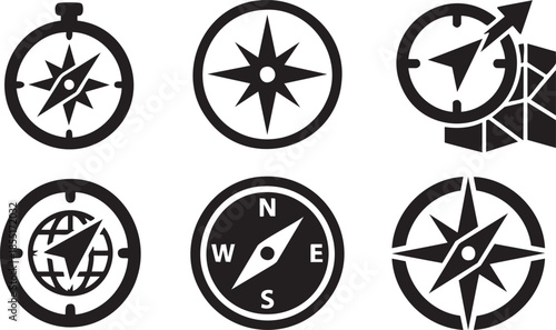 Collection of six black compass and wind rose on white background navigation direction travel exploration