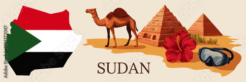 Sudan travel landmarks illustration with flag map, desert camel, Nubian pyramids, hibiscus flower and snorkeling mask tourism design