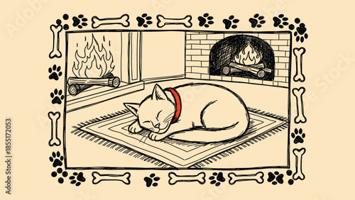 Cozy hand-drawn scene of a cat sleeping peacefully on a rug by the fireplace, enclosed in a cute paw print and bone frame.