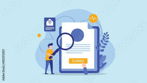 Health insurance claim submission concept with a person using a magnifying glass to review a medical document for approval.