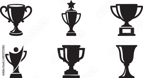 Collection of six black trophy with varied and handles on white background winner victory champion