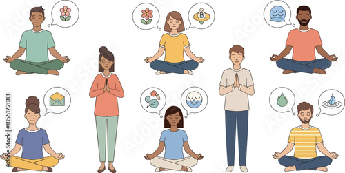 Diverse group practices meditation in serene environment with various thoughts.