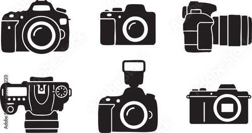 Six black camera in a grid on a white background equipment device technology digital