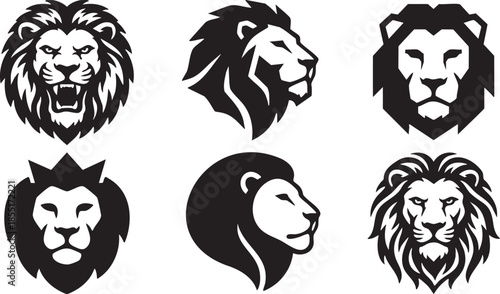 Six black and white stylized lion head on white background