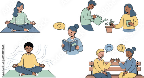 People engaging in yoga and reading in a serene outdoor setting with friends hasil akhir 94