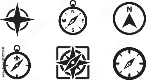 Six black compass and directional symbols on a white background navigation north south