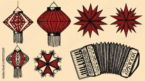 Hand-drawn vintage collection of festive cultural items including paper lanterns, ornate stars, and a detailed musical accordion.