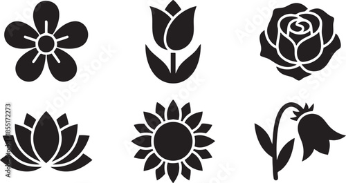 Six black flower including rose tulip lotus sunflower bellflower and plum blossom white