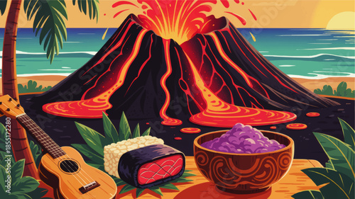Tropical volcano eruption at sunset with Hawaiian ukulele, island sushi, purple dessert bowl and ocean beach illustration
