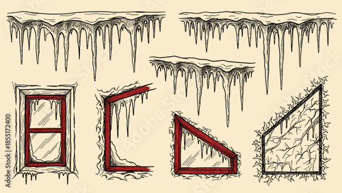 Hand-drawn vintage collection of frosty icicles and snow-covered window frames, perfect for creating a winter scene design.