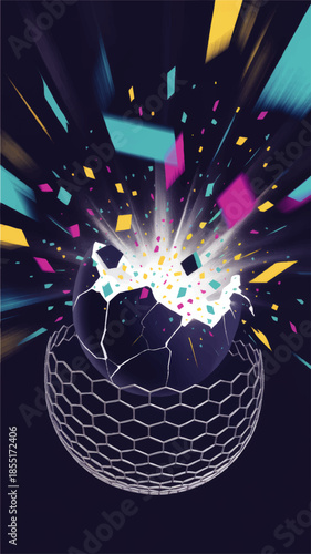 Futuristic digital explosion from cracked sphere, colorful data particles bursting from geometric globe on dark abstract background