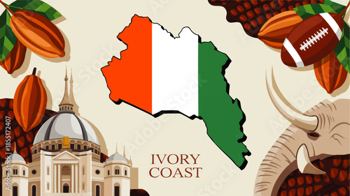 Ivory Coast map with national flag colors, cocoa pods, Basilica of Yamoussoukro, elephant and rugby ball travel culture illustration