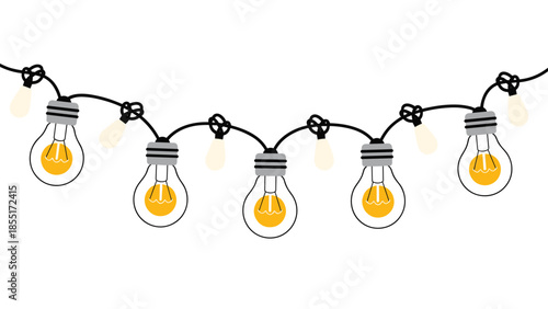 Cute cartoon garland of hanging light bulbs with glowing yellow lamps and festive knots, isolated on a white background.