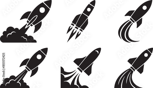 Six black rocket ship launching with smoke trails and clouds spaceship take