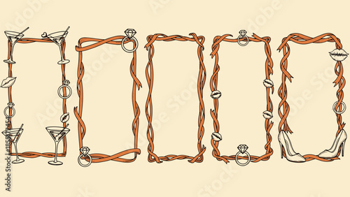 Hand-drawn collection of fun and elegant rectangular frames and borders for a bachelorette party or bridal shower invitation.