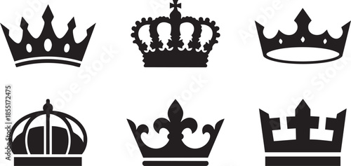Six black silhouette crown in a two by three grid on white background symbol