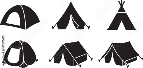 Six black silhouette camping tents of various styles on a white background shelter outdoor travel