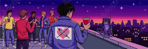 Retro pixel art rooftop party at sunset with friends drinking, neon city skyline and mysterious cat under starry night sky