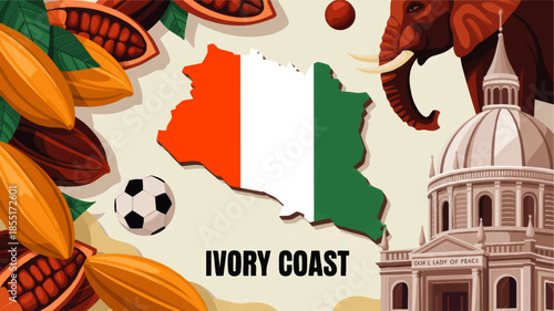 Ivory Coast culture illustration with national map flag, cocoa pods, elephant, basilica landmark and football on beige background