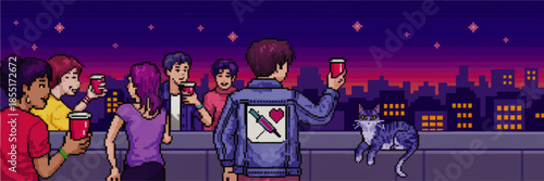 Retro pixel art rooftop party at sunset with friends drinking coffee and cat on balcony overlooking neon city skyline
