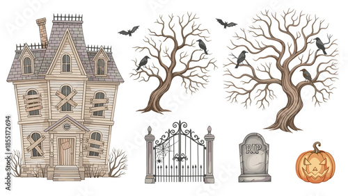 Watercolor collection of spooky Halloween elements including a haunted house, creepy trees, a graveyard gate, and a pumpkin.