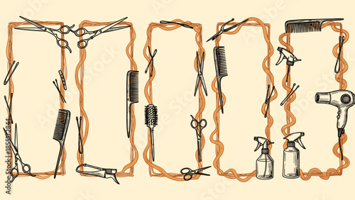 Collection of hand-drawn vertical frames for a hair salon, decorated with scissors, combs, a hairdryer, and other styling tools.