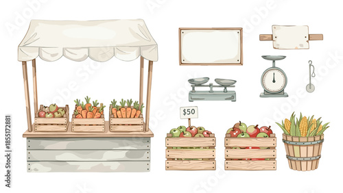 Watercolor collection of farmers market elements, including a stall with produce, fruit crates, scales, and blank wooden signs.