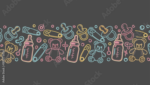 Seamless horizontal border with colorful chalk-style drawings of baby toys on a dark chalkboard background for a nursery theme.