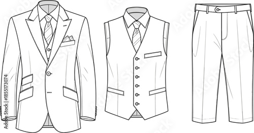 men three piece suit technical flat sketch, blazer vest trousers set, formal apparel design, fashion vector illustration isolated