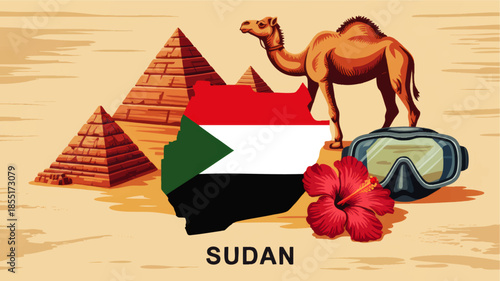 Sudan travel illustration with pyramids, camel, national flag map, desert landscape, hibiscus flower and snorkeling gear