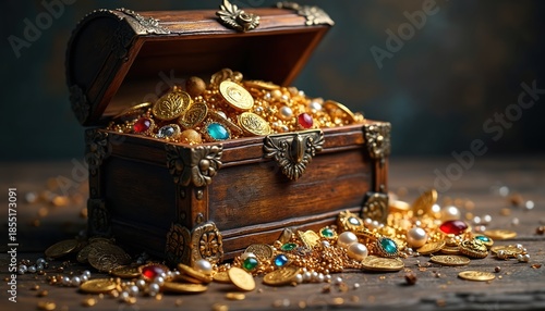 Old wooden chest overflowing with gold coins jewels and pearls. Antique treasure box spills wealth and riches on rustic wooden table. Pirate hoard full of shiny precious items.