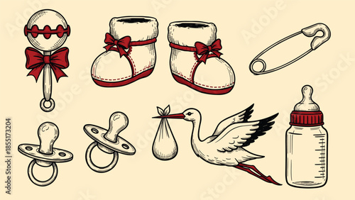 Hand-drawn vintage collection of classic baby and newborn items, including a stork, booties, a bottle, and a pacifier.