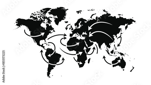 Black silhouette world map with curved arrows showing global trade routes, logistics, or international travel and communication.
