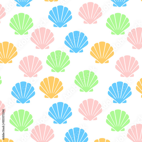 Seamless Pastel Seashell Pattern in Soft Pink, Blue, Green and Orange. Playful Beach and Summer Design for Textiles, Wallpaper and Stationery